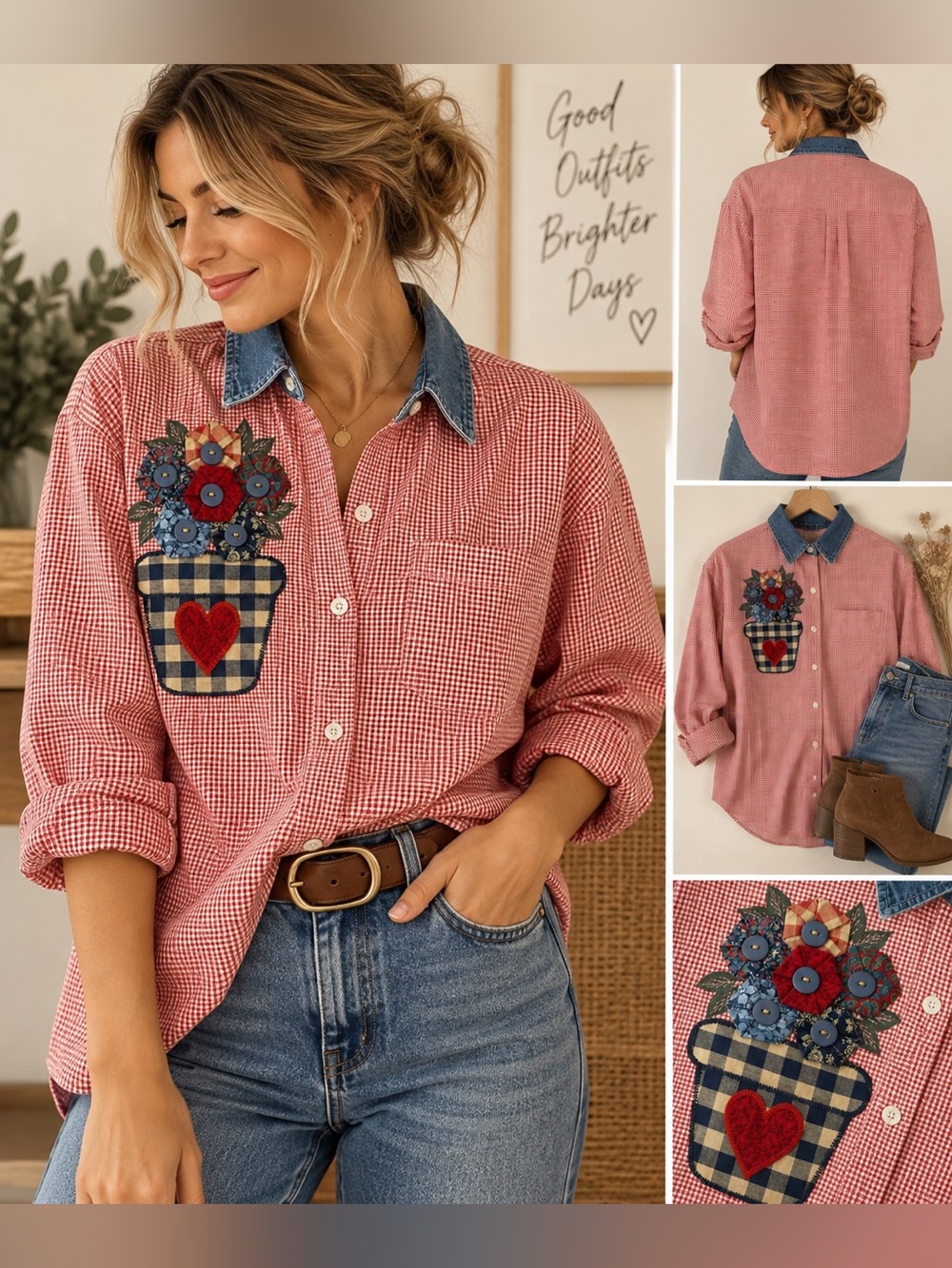 Vtg 80s HAIKS Cottagecore Gingham Appliqué Shirt Small Denim Collar